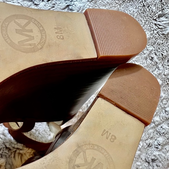 EUC [Michael Kors] Strappy Brown Leather Platform Peep Toe Wedges High Heels | 8 - Picture 9 of 11
